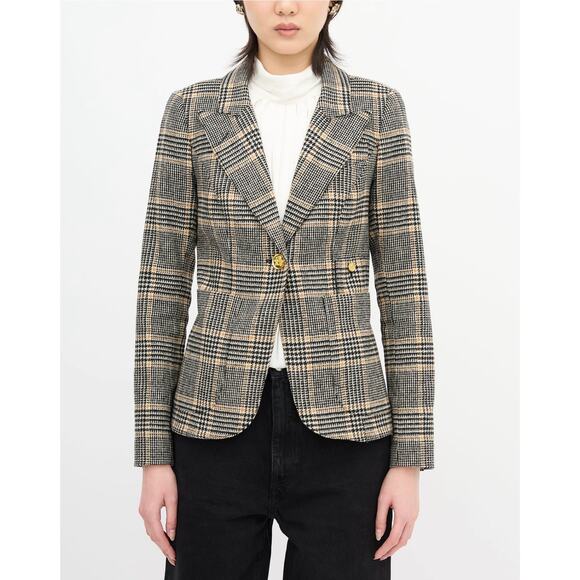 Smythe Patch Pocket Duchess Blazer Preppy Black Camel Plaid Wool Jacket Size 4 - Picture 2 of 13